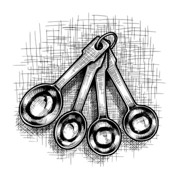 Measuring Spoons Set Pen and Ink Sketch Black and White Illustration