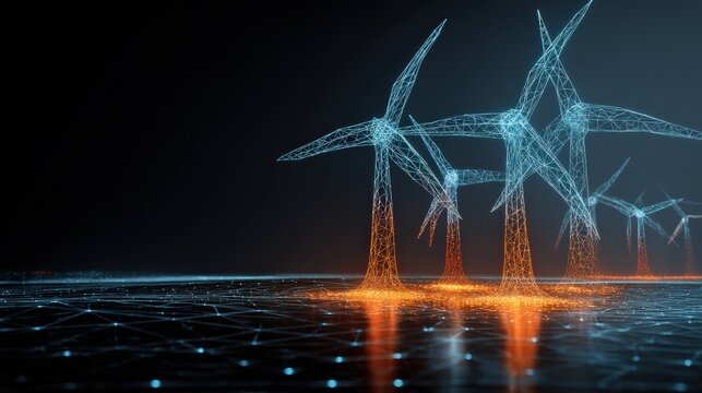 Illustration of digital windmills harnessing wind energy against a dark backdrop. ..Created with Generative AI, not depicting real subjects.
