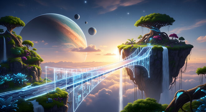 Futuristic floating island with glowing digital bridge connecting lush green landscapes under giant planet at sunset creating magical ethereal atmosphere in distant galaxy with mystical waterfalls