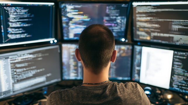 Man Working on Multiple Computer Screens with Code.