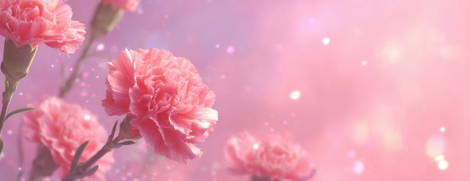 Hermosos claveles rosas con detalles delicados sobre un fondo difuminado de ensue&ntilde;o con luces brillantes y part&iacute;culas m&aacute;gicas suaves.