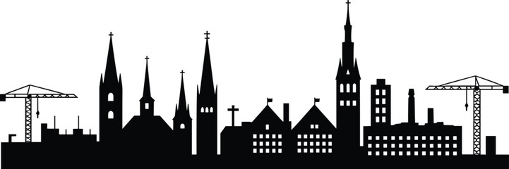 Black city skyline silhouette with church spires and construction cranes, urban landscape panorama, cad drawing flat vector illustration, isolated on white