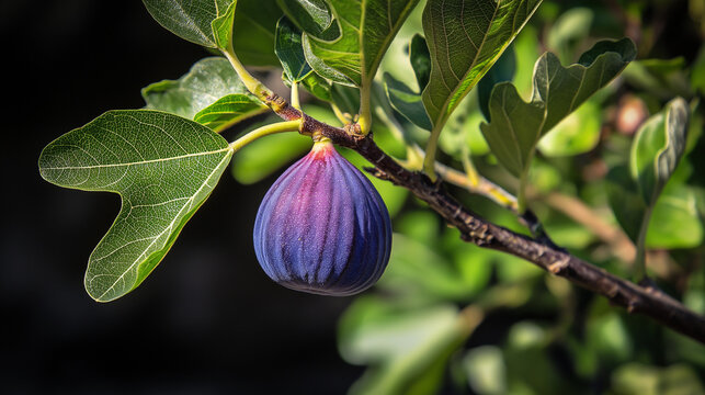 calabrian. A single deep purple fig on a branch, backlit by sunlight. gardening catalogs, home-decor guides, designed for gardening and botanical catalogs, promotes healthy living.