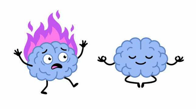 Two human brain characters showing contrast between burnout with fire and peaceful meditation on white background, concept for mental health care, stress management and psychology therapy