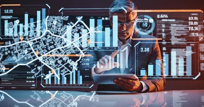 Business professional analyzing data on a tablet with digital graphs and city map background
