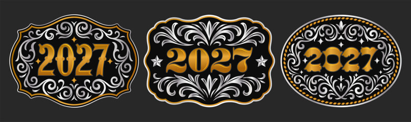 Ornate classic old west style cowboy buckle medal typographic emblem, label design vector color variants editable tag decorative floral frame twenty twenty seven Luxurious Shape © Julio