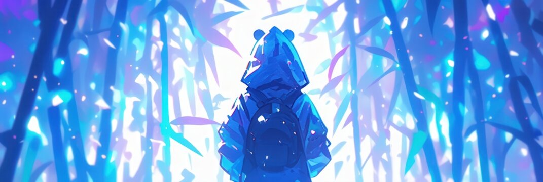Ein niedlicher B&auml;r in einem blauen Hoodie steht in einem mystischen Bambuswald mit schimmernden Lichtern.