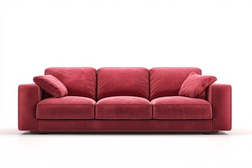 Fototapeta premium Modern Red Velvet Sofa with Cushions, Contemporary Living Room Furniture