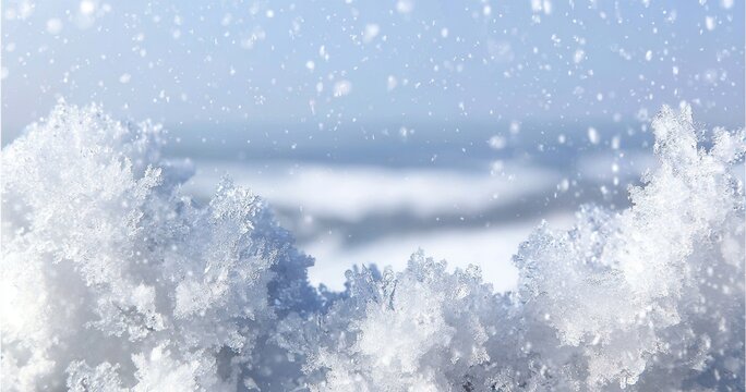 Primer plano de cristales de nieve blanca con un fondo desenfocado de paisaje invernal y copos cayendo suavemente en un d&iacute;a fr&iacute;o de invierno.
