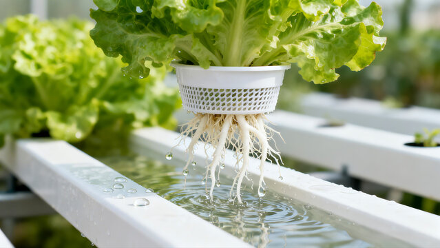 Macro shot revealing the healthy white roots of a hydroponic lettuce plant dipping into flowing water