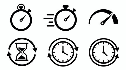 Fototapeta premium Black minimalist time management icons set with stopwatch speedometer hourglass and clock on white background, concept for project scheduling, business productivity and deadline management