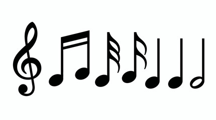 Set of various black musical notes and treble clef silhouette icons isolated on white background, concept for music education branding, sheet composition and artistic creative graphic design