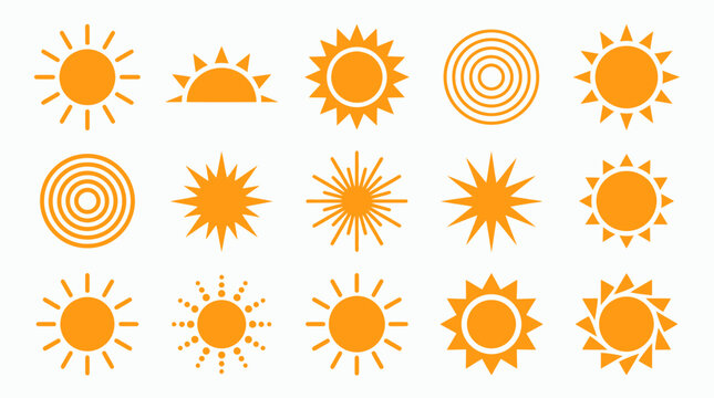 Set of orange sun icons with various geometric shapes and vector graphic designs isolated on white background, concept for weather forecasting, summer vacation and renewable solar energy