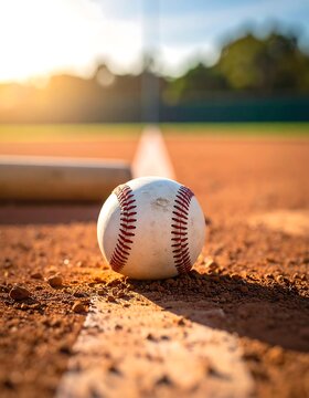 A baseball on a dirt field with a bat