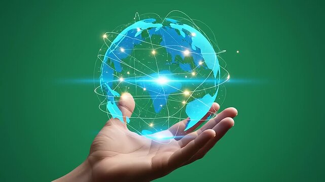 Global Connectivity Illustration, Digital Globe in Hand, Studio, Technology Concept, Front View, Futuristic Network