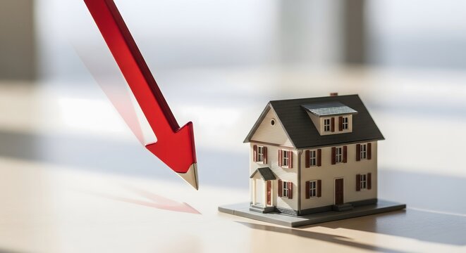 A red arrow points down towards a miniature house model, symbolizing a decline in property value.