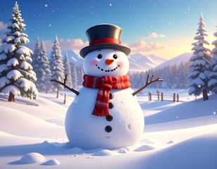 Obraz premium A cheerful snowman in a snowy forest with trees and mountains