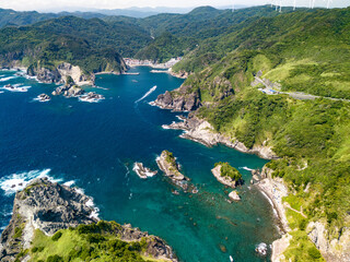 Fototapeta premium 伊豆半島の先端のヒリゾ浜のドローン撮影。 沖には大根島や数々の地磯、陸側には中木港、あいあい岬、ユウスゲ公園が見える。 水面やビーチには遊泳する観光客やライフセーバー。 港と往復する渡船なども見える。 静岡県伊豆半島賀茂郡南伊豆町中木ヒリゾ浜-2025年 
