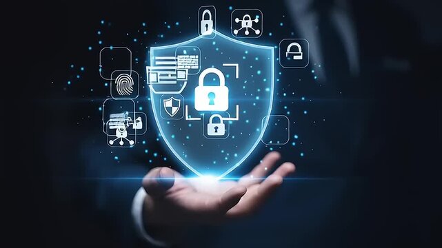 Cybersecurity Protection Shield Display, Digital Security, Office, Photo, Futuristic, Close-Up, Data Privacy Concept