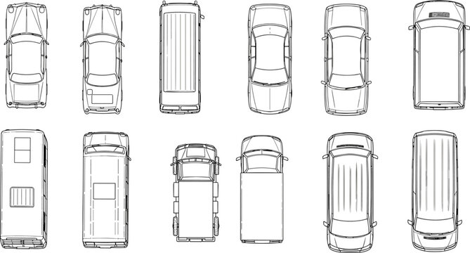 Car top view vehicle outline icon set including sedan suv van truck transport automobile blueprint collection