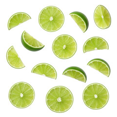 Assorted slices and halves of fresh green limes scattered on a black background citrus