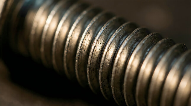 Close up macro shot of the spiral metallic threads on a heavy duty industrial steel bolt