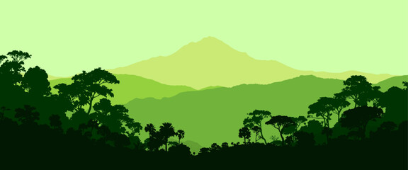 Fresh green mountain and tropical forest landscape with layered hills and tree silhouettes, clean vector illustration ideal for eco branding, environmental themes, and nature backgrounds © Arun
