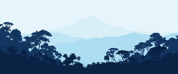 Blue toned mountain and tropical forest landscape with layered silhouettes and misty hills, detailed vector illustration ideal for nature backgrounds, travel designs, and environmental themes © Arun