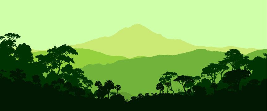 Fresh green mountain and tropical forest landscape with layered hills and tree silhouettes, clean vector illustration ideal for eco branding, environmental themes, and nature backgrounds