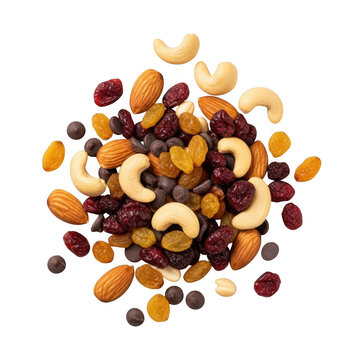 Pile of mixed nuts dried fruit and chocolate chips on black background graphic design