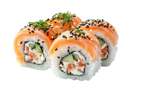 Delicious salmon sushi rolls with cream and vegetables isolated on transparent background
