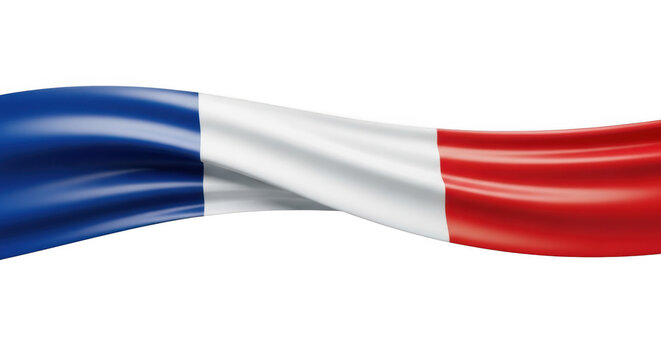 A close-up of a waving french flag with tricolor ribbon isolated on transparent background