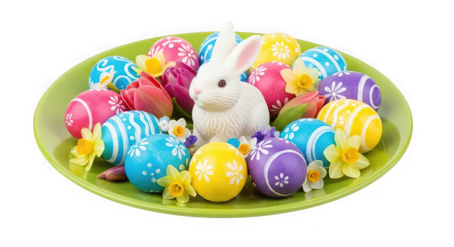 Colorful assortment of pastel easter eggs and bunnies in a decorative basket.