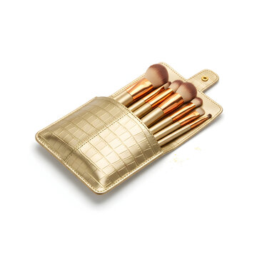 Set of makeup brushes in golden leather case isolated on white
