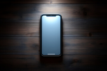 Minimalistic Overhead View of Modern Smartphone on Wooden Surface &ndash; Technology and Social Media Communication in Simple Digital Device Setup
