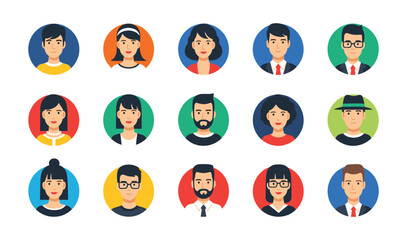 Fototapeta premium Collection of Diverse Male and Female Avatars in Circular Icons Representing Various Personalities