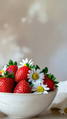 Strawberries in Bowl with White Wildflowers