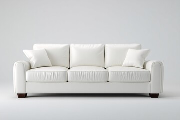 Fototapeta premium Modern White Leather Sofa with Cushions, Minimalist Living Room Furniture Design