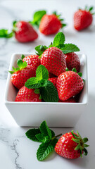 Strawberries in Bowl with Scattered Mint