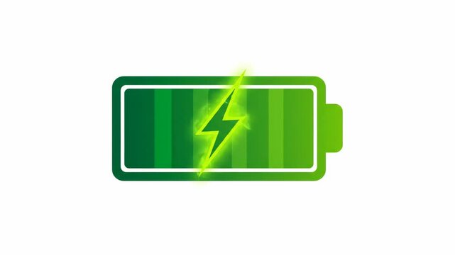 A vibrant green battery icon on a clean white background featuring a glowing lightning bolt signifying a power replenishment state