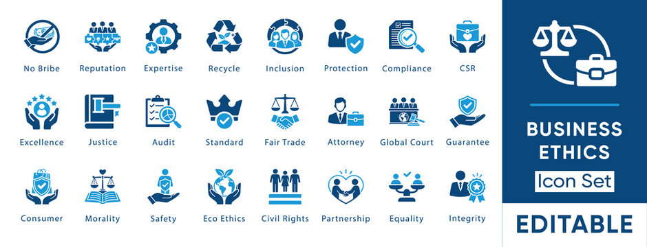 Business ethics icon set. Compliance, integrity, equality, inclusion, CSR, fair trade, civil rights, justice, audit. Solid vector symbol collection.