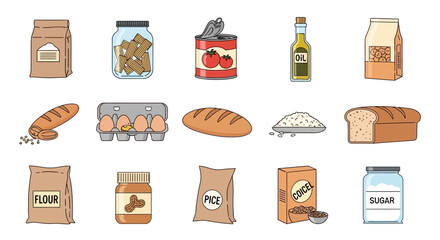 Assortment of food items and cooking ingredients isolated on white background