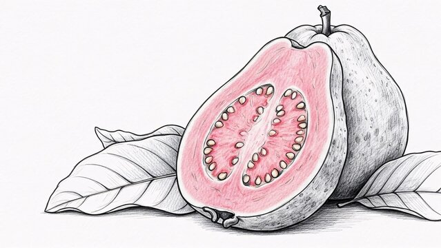 Ripe guava fruit cut in half showcasing pink flesh with seeds and whole fruit with leaves on white background