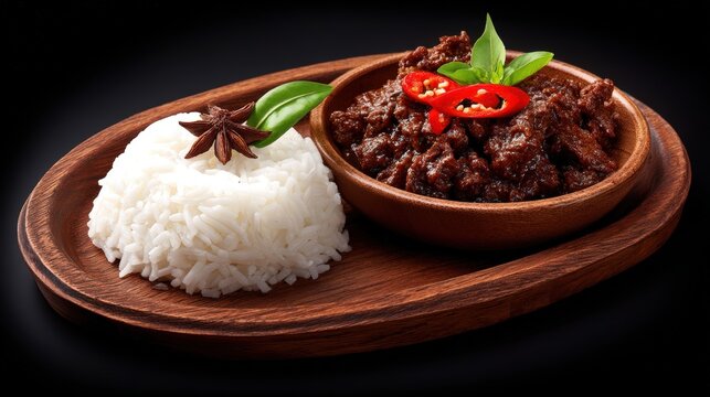 Top-down still life of panang curry with beef, steamed rice and Thai basil, arranged on a carved wooden tray, soft indoor lighting, rich color harmony