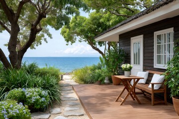 Obraz premium Seaside cabin with ocean view and wooden deck
