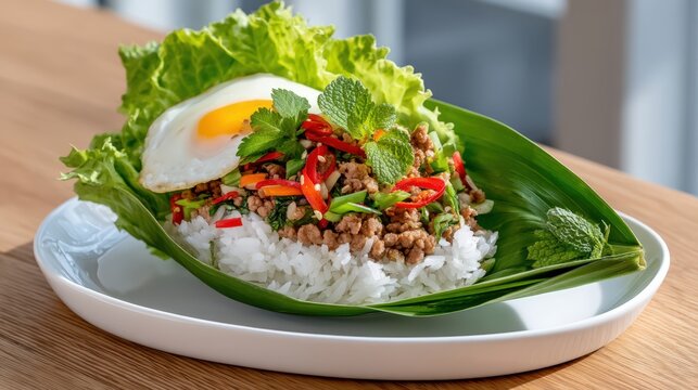 High-angle image of Thai basil pork stir-fry (pad krapow moo) served in a banana leaf wrap with fried egg and rice, natural window light, aromatic herb accents