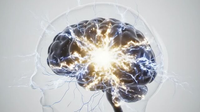 A translucent profile reveals a dark brain with a bright central point emitting glowing blue neural pathways throughout the internal structure