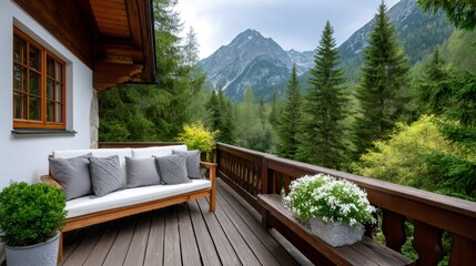 Fototapeta premium Alpine balcony enjoying mountain view and pine forest