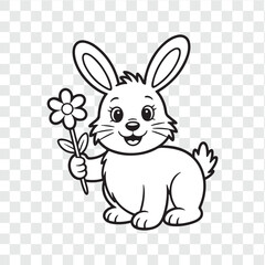 Fototapeta premium A Cheerful Bunny with a Flower A whimsical black and white illustration of a cheerful bunny, holding a delicate flower, radiates joy and innocence.