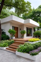 Fototapeta premium Modern tropical minimalist house with landscaped garden